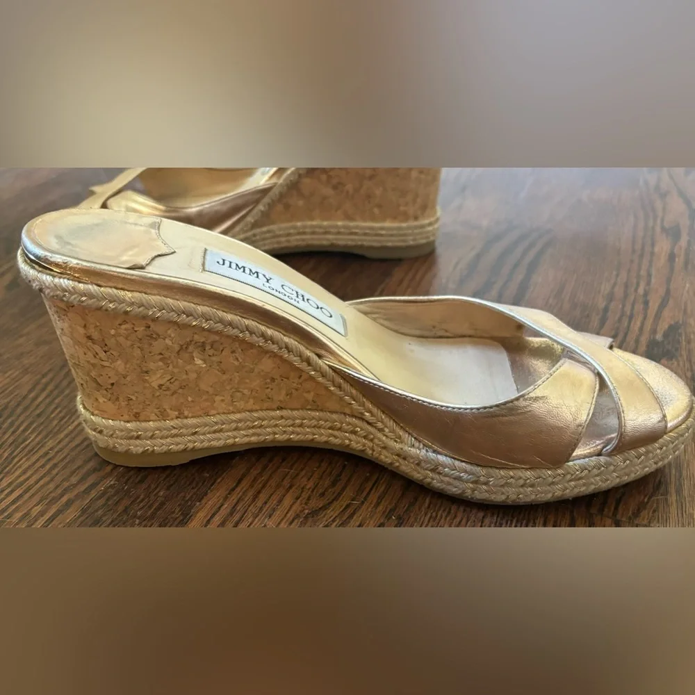 Jimmy Choo Almer Metallic Nappa Leather Wedges Braid Trim in gold, Size 38.5